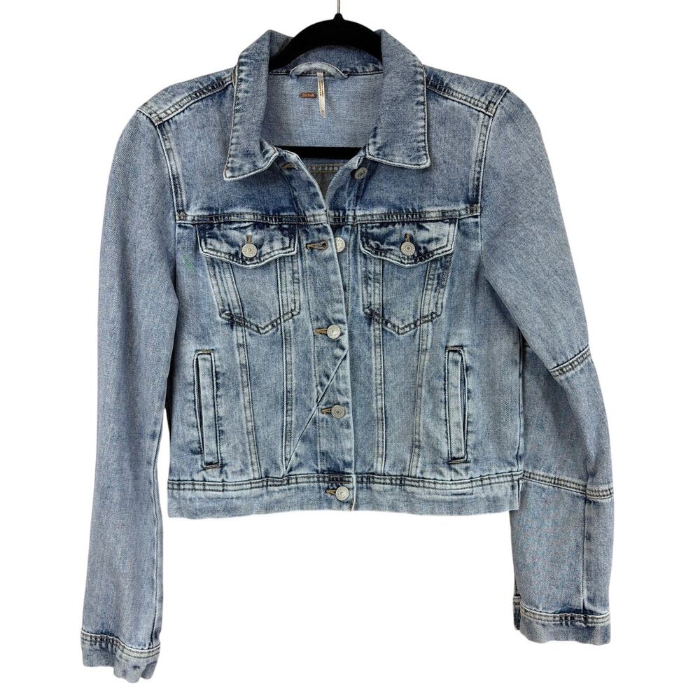 Free People Washed Blue Adjustable Waist Denim Jean Cropped Jacket S